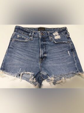 Distressed High-Rise Denim Shorts in Blue
